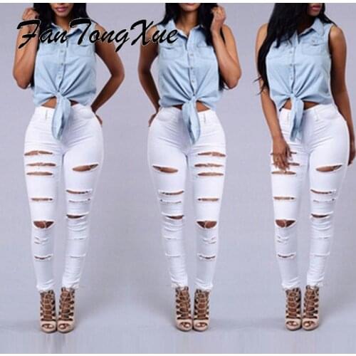 Jeans Women 2021 Hole Large Size White Pencil Streetwear Distressed Denim Pants Skinny Ankle Length Black Ripped Jeans Women