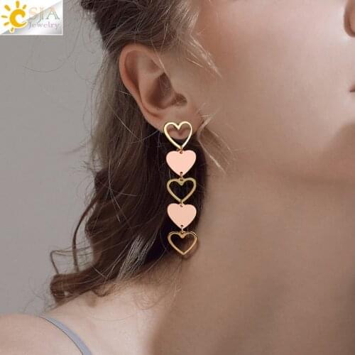 CSJA Gold Color Love Heart Korean Earrings 2020 Long Earrings Stud for Women High End Fashion Ear Jewelry Pink Pendientes S697