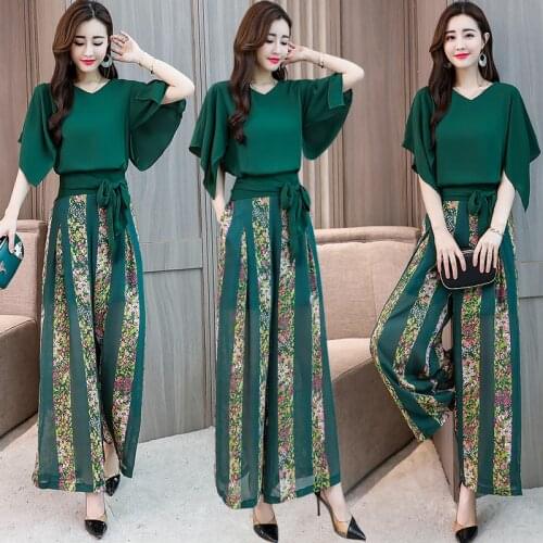 2021 Summer Women Chiffon Batwing Sleeve Shirt+Floral Wide Leg Pants Sets Lady Two Pieces Trouser Suits High Quality