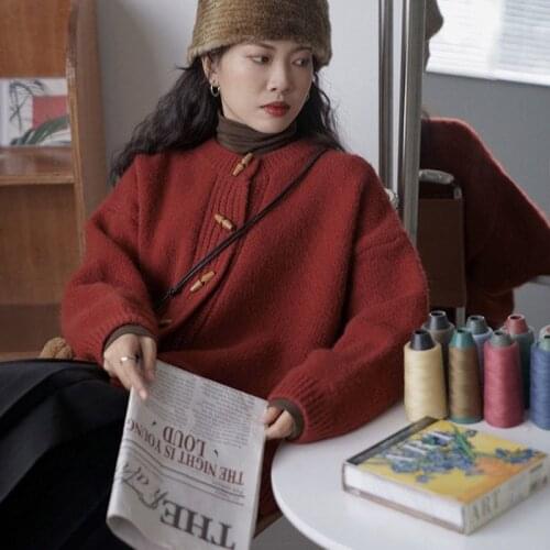 Retro Red Ox Horn Button New Autumn And Winter Sweater Womens Knitting Cardigan Coat Loose Outer Wear Korean Versatile