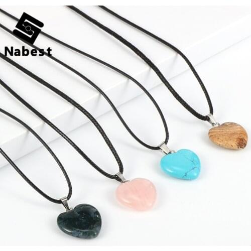Women Natural Stone Crystal Love Heart Pendant Necklace Opal Onyx Lapis Lazuli Charm Choker Waxed Rope Clavicle Chain Jewelry