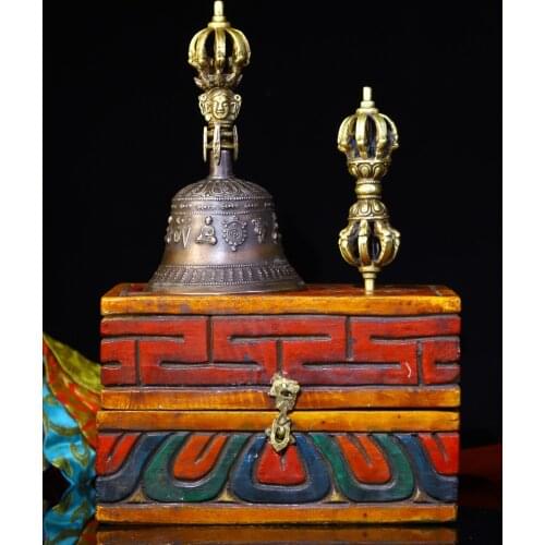 12"Tibet Buddhism Old Bronze Three-sided Mahakala Head Statue Rattle Bells Bodhi root box set Town House Exorcism