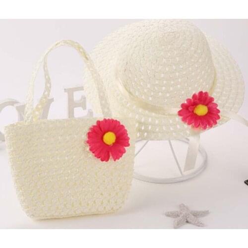 2021 New Summer Children Beach Hats Bag Set Wide Brim Straw Wide Hat 3-7 old years Toddler Children Holiday Travel Bags Hat Set