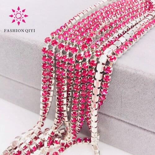 Free shipping 5 yards Super bright encryption Rose red 2mm-4mm silver base glass rhinestones cup chain,diy clothing accessories
