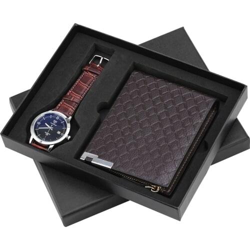 Fashion Men Leather Quartz Watches Wallet Set Calendar Analog Clock Male Wrist Watch Family Gifts for Dad Husband Reloj Hombre