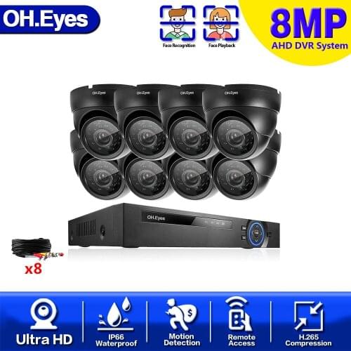 H.265 CCTV DVR Home Security Camera System 4K 8CH AHD DVR Kit Face Detection Dome Video Surveillance IP66 Camera System Set 8MP