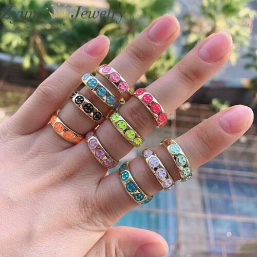 10PCS, 2021 Summer Gold Color Round Metal Rings Korean Cute Lovely Enamel Colorful Smile Heart Eye Flower Shape For Women Jewelr