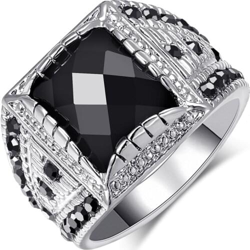 Megin D Punk Retor Black Gem Silver Plated Exquisite Carved Alloy Rings for Men Women Couple Family Friend Fashion Gift Jewelry