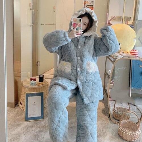 Fashion Women Coral Fleece Thick Pajamas Cute Cartoon Girls Long Sleeve Hooded Warm Nightgown Set Homewear Ladies Sleepwear Suit