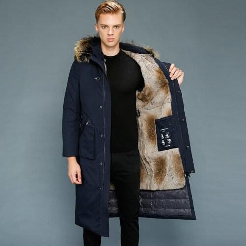 Men goose down coat long down coats man over-knee outerwear raccoon fur collar down parkas winter clothing rabbit velvet liner