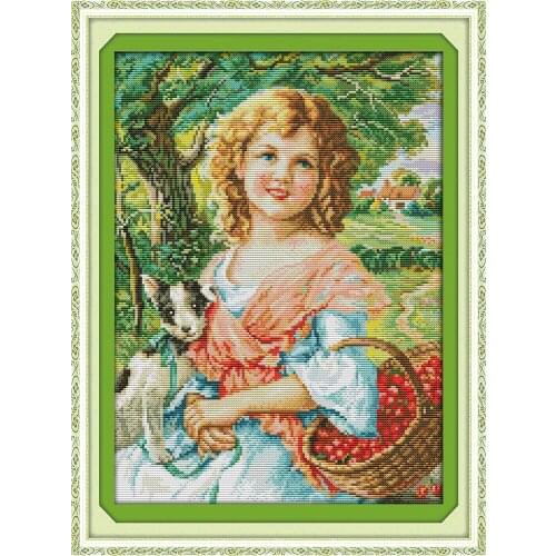 Picking fruit girl cross stitch kit cartoon cat fishing count print canvas stitches embroidery DIY handmade needlework plus