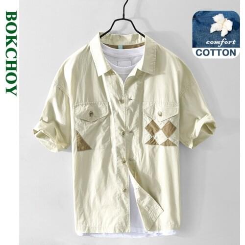 2021 Spring and Summer New Men Casual Short-sleeved Drop-shoulder Stitching Cotton Shirt Khaki Safari Style GA-Z158
