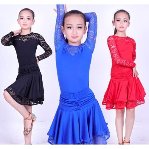 Lace Kids Newest Sexy Ballroom Dresses Tango Salsa Latin Dance Dress Children red black lace dress for girls long sleeve