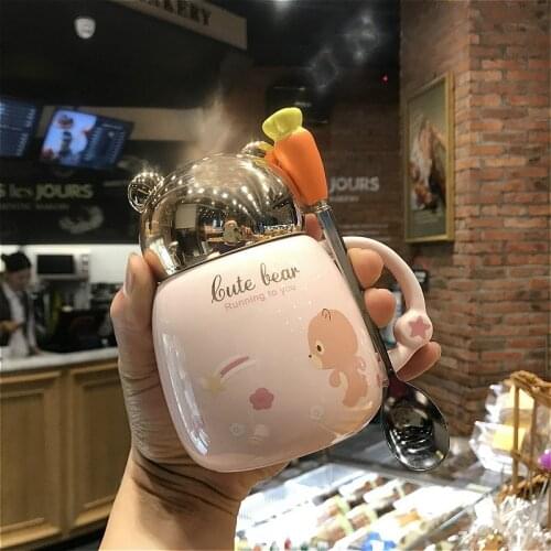 Super cute cute bear ceramic cup with cover mirror mug girl heart big belly cup female student milk coffee cup