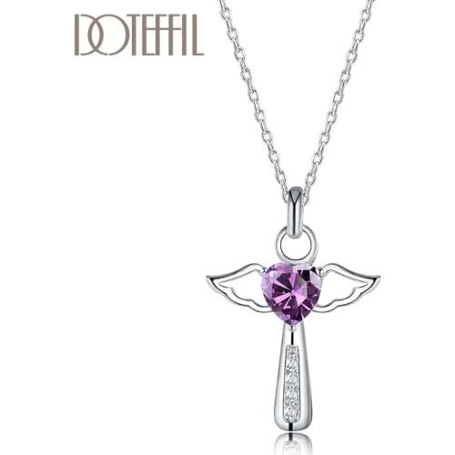 DOTEFFIL 925 Sterling Silver 18 Inch Chain Cross Heart Purple/White AAA Zircon Necklace For Women Fashion Wedding Charm Jewelry