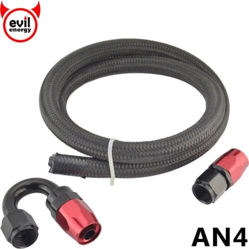 Evil energy AN4 Stainless Steel Braided Oil Fuel Hose Line 1M Black+AN 4 Straight Fittings 180 Degree Swivel Hose End