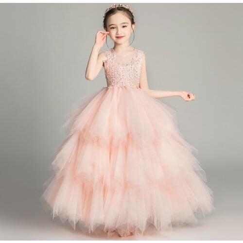 Luxury Lace Layered Puffy First Communion Holy Flower Girl Dress 3-12 Years Kids Girl Pageant Performance Show Prom Ball Gowns
