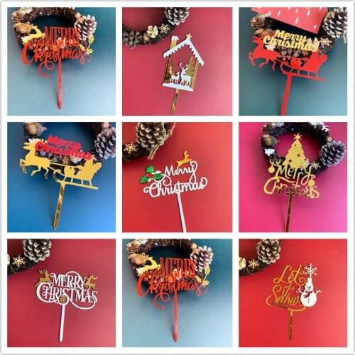 Merry Christmas Cake Toppers Red Golden Acrylic kids christmas party Cupcake Toppers Decoration Xmas Birthday cake baking gifts