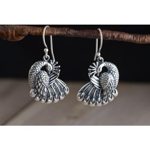 S925 silver vintage Thai silver craft earrings fashion female models peacock pattern silver jewelry earrings