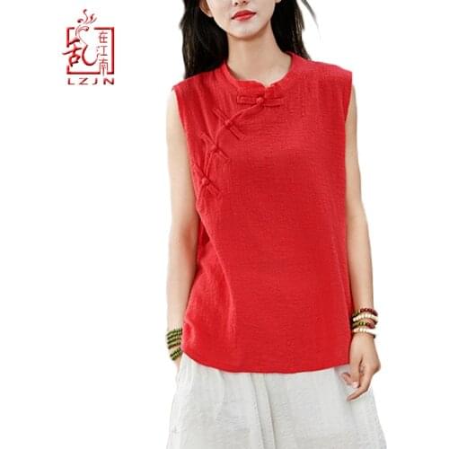 LZJN 2019 Summer Women New Tanks Sleeveless Chinese Style Frog Button Top Women Solid Color Vintage Pullover Cotton Linen Tanks