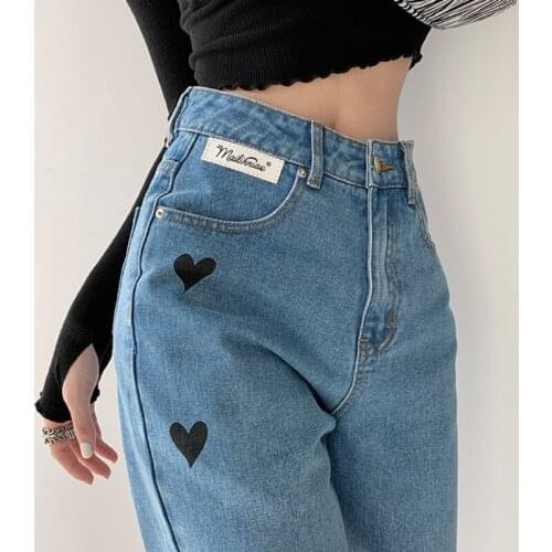 TVVOVVIN Vintage High Street Heart-shaped Print Straight Jeans Woman Korean Loose Casual All-match Denim Trouser Lt8w