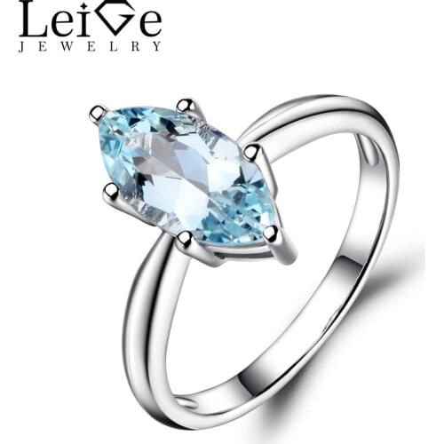 Leige Jewelry Marquise Cut Aquamarine Engagement Rings for Women Solitaire Rings Blue Gemstone Sterling Silver 925 Jewelry