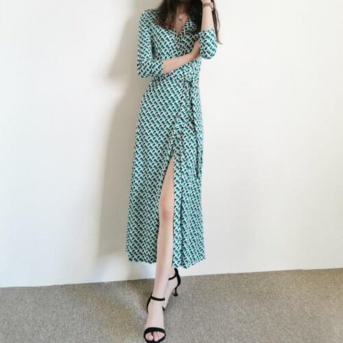 Chain Print Gorgeous Kintted Silk Sexy Wrap Max Dress With Belted Waist 2021 New Spring US 2-10