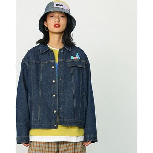Bebobsons Casual Loose Long-sleeved Women Denim Jacket Playful Pattern Embroidery Back Ladies Basic Coats Autumn Spring