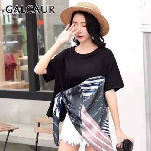 GALCAUR Patchwork Striped T Shirt For Women O Neck Short Sleeve Irregular Hem Hit Color T Shirts Females Summer 2021 New Clothes