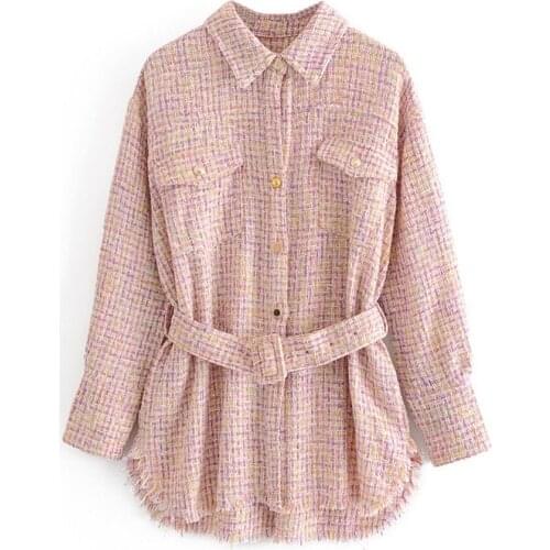 Hot Women Pink Plaid Oversize Tweed Jacket Houndstooth Coat Long Sleeve Loose Casual Long Checked Outerwear Top With Belt