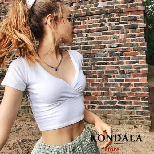 Womens T-Shirts Za Fashion 2021 V Neck Cotton Short T-Shirts Casual Solid Sexy Mujer Tops