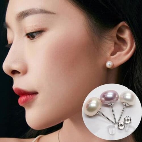 Womens Fashion Silver Plated Round Pearl Stud Earrings Freshwater Cultured Pearls Bride Earrings Wedding Party Earrings Jewelry