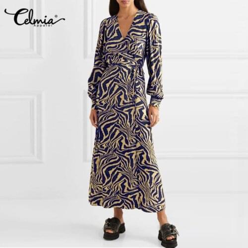 Women Long Sleeve Long Dress Autumn Sexy V-neck Maxi Dress Celmia 2021 Bohemian Tiger Stripe Loose Wrap Vestidos Oversized Robe