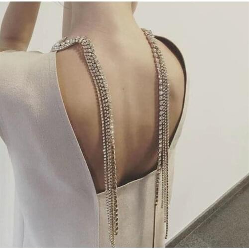 2021 Rhinestone Long Tassel Back Chain Necklace Body Jewelry for Women Sexy Crystal Irregular Open Large Choker Collar Necklace
