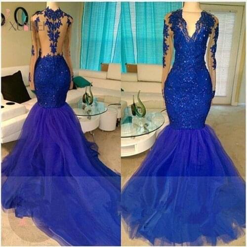 2019 Royal Blue Tulle Elegant Mermaid Long Prom Dresses Mesh Long Sleeve Sequined Prom Gown Vestido de festa longo New