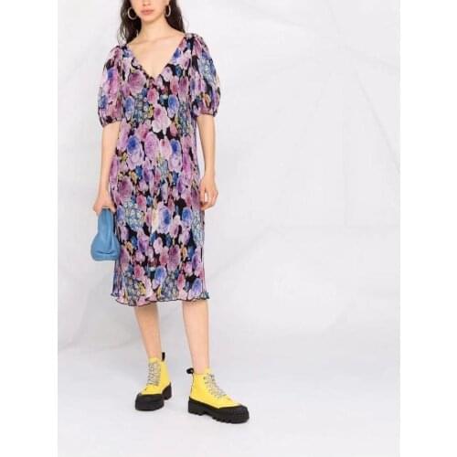 2021 Summer New Women V-Neck Pleated Midi Dress Colorful Floral Print Backless Puff Sleeve Loose Dresses Robe Female