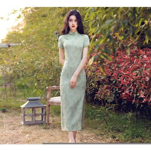 Elegant Girl Dancing Robe Gown Chinese Style Women Flower Cheongsam Vintage Handmade Button Qipao Vestidos Classic Evening Dress