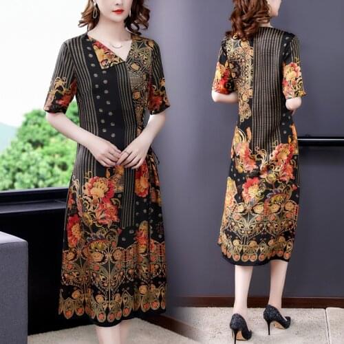 Summer Boho Casual Vintage Loose Floral 4XL Midi Dress 2021 Beach Mulberry Silk Print Dress Elegant Women Bodycon Party Vestidos