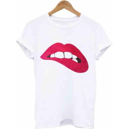 2021 Hipster Summer Harajuku Woman T-shirt Cute Red Lips Geometric Pattern T-shirt Fashion Street Oversize Women White T-shirt