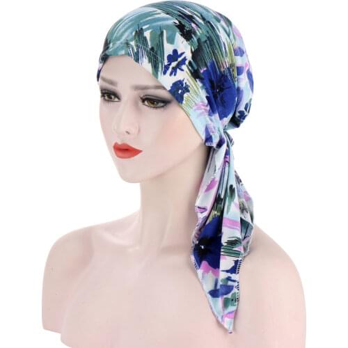 2021 Indian New Curved Flower Cloth Two-tail Flower Muslim Headscarf Hat Simple Headscarf Hat Chemotherapy Durag Hat for Women