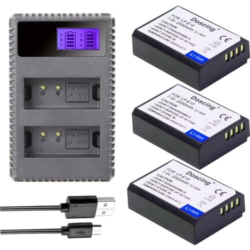 3x LP-E10 LP E10 LPE10 Camera Batteries +LCD USB Dual Charger for Canon EOS 1100D 1200D 1300D Kiss X50 X70 X80 Rebel T3 T5 T6