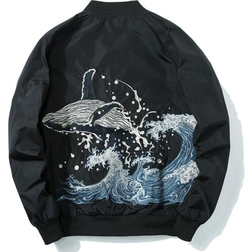 2018 Autumn Men Women Embroidery Baseball Jacket Whale Waves Fashion Hip Hop Couple Jacket Boys Hipster Streewear Windbreaker
