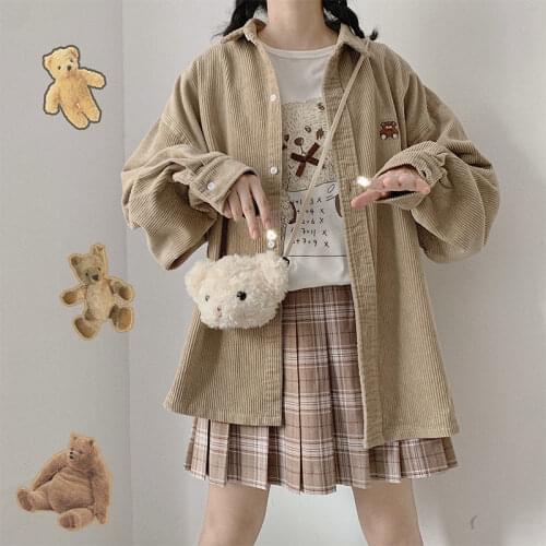 Deeptown Japan Style Kawaii Bear Blouse Women Embroidery Corduroy Shirt 2021 Fashion Autumn Button Up Soft Girl Graphic Cardigan