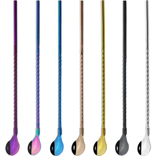 2Pcs Colorful Reusable Drinking Straw Spoon Cocktail Stirring Spoon 18/10 Stainless Steel Metal Straws Bar Coffee Stirring Tools