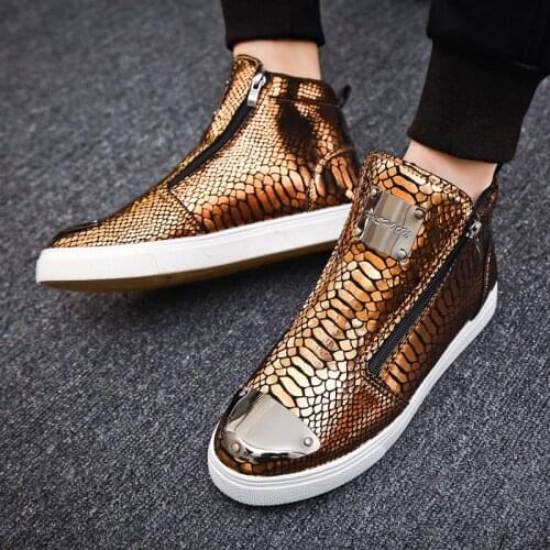 2021 Hot Fashion Western Style Golden Slip-on High top Sneakers Men Spring Zipper Streetwear Platform Men Shoes Casual Sneakers