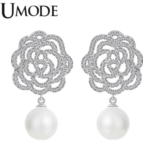 UMODE Fashion Pearl Dangle Earrings White Flower Elegant Handmade Cheap Drop Earrings Gifts for Women Wedding Bride UE0471A