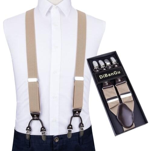 Men Khaki Elastic Suspender Genuine Leather 6 Clips Brace Male Vintage Casual Wedding Party Trousers Fashion Suspenders DiBanGu