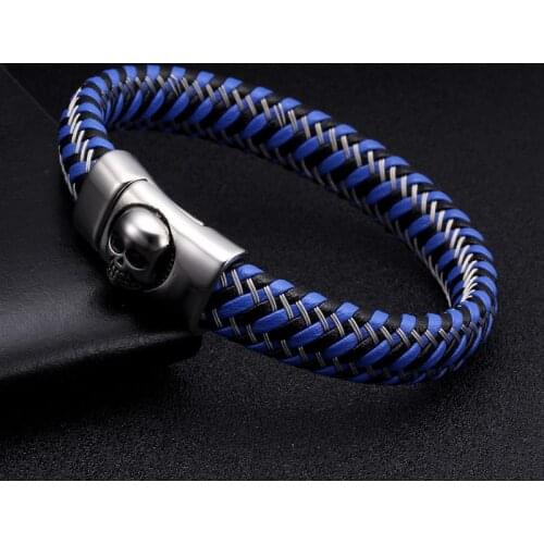 Punk Genuine Leather Braided Charm Skull Men Bracelets Vintage Stainless Steel Bracelets Bangles Male Sporty Brand Jewelry