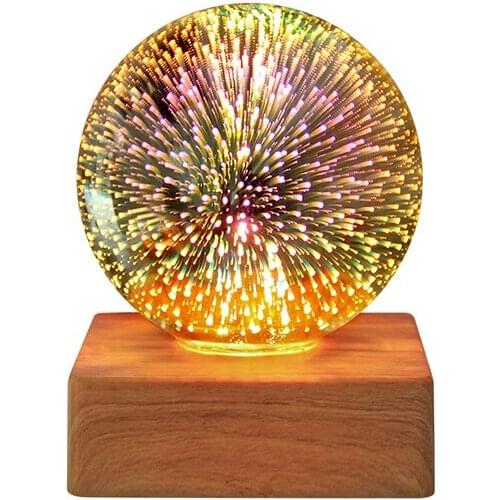 3D Transparent Glass Ball 4W 5V USB Night Lights Magic Colorful Firework Light Solid Wood Base Festival Atmosphere Lamp Bedroom