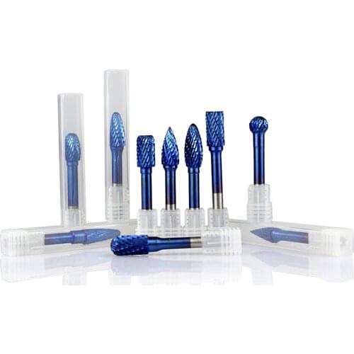 6x10mm Tungsten Carbide Rotary Burss Nano Blue Coated Double Cut Rotary File Burr Bit CNC Engraving 1/4" Rotary Cutter Files